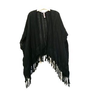 NEW Vince Camuto Boho Black Linen Drape Kimono Open Front Poncho Tassel Cover Up